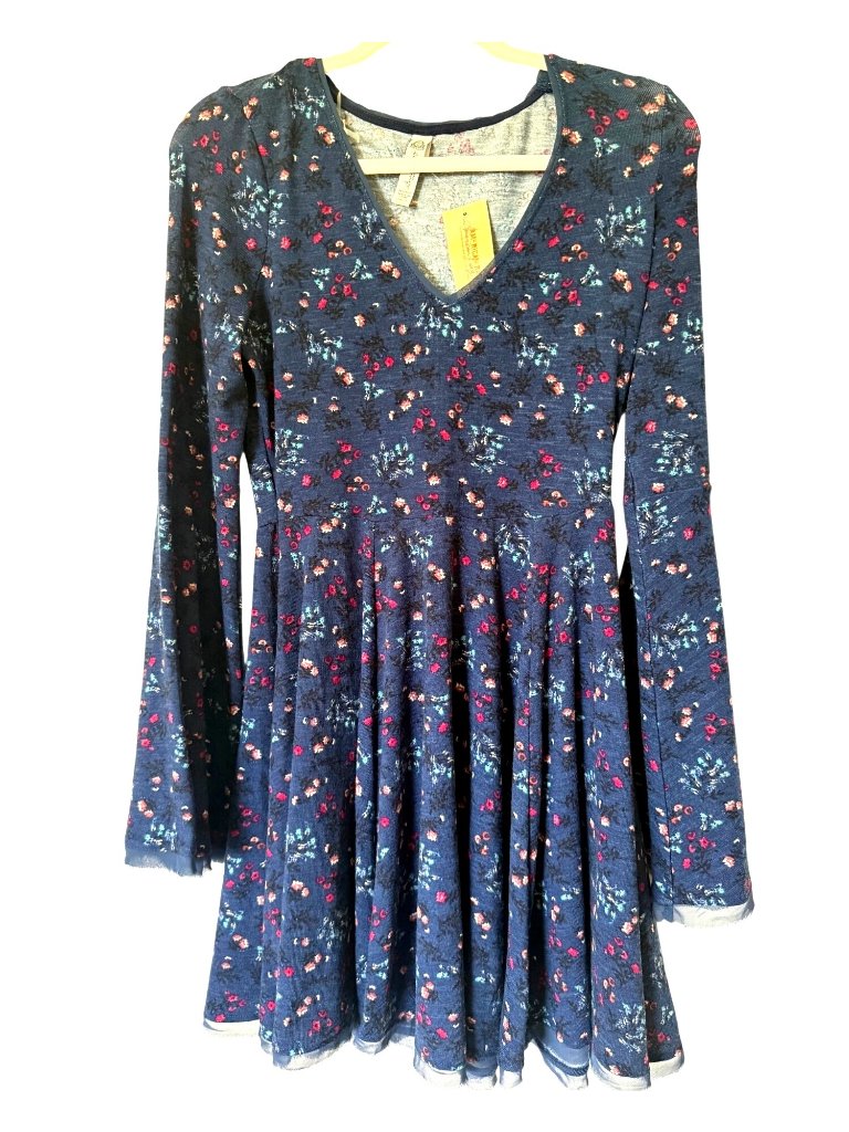 American Rag Floral Knit Long Bell Sleeve Boho Dress Indigo Small